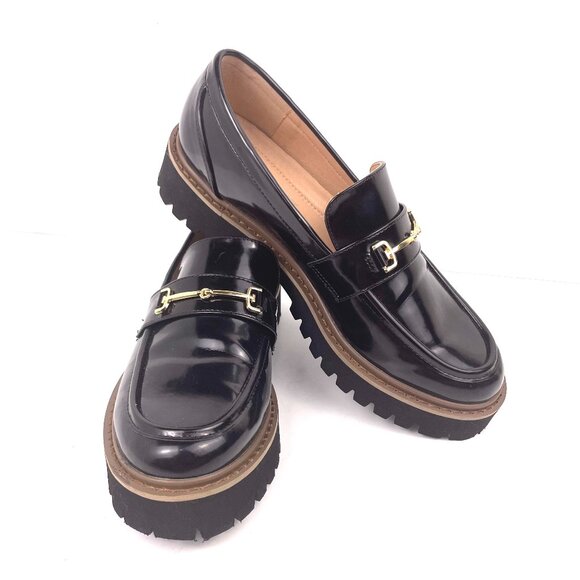 HEEZ Black Patent Leather Lug Sole Loafers Gold Bit Detail– Size 7 US / 38 EU - Picture 1 of 12